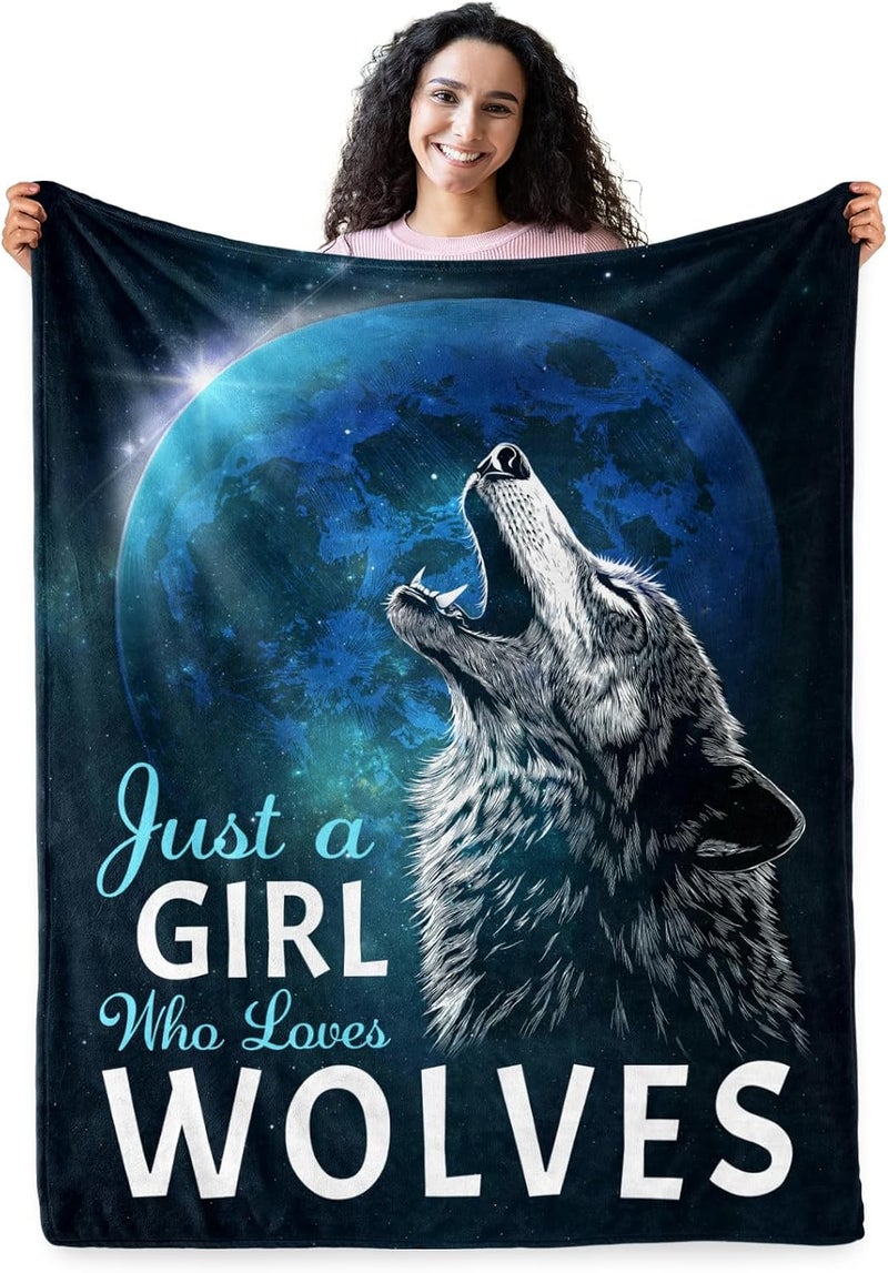Levens Wolf Blanket Gift for Girls, Just A Girl Who Loves Wolf Throw Blankets for Couch & Sofa Bed 60"x50", Funny All-Season Decorative Soft Kids Blanket, for Birthdays & Holidays - Image 1